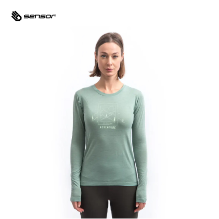 女款 Merino Air 山系線條 美麗諾羊毛長袖上衣 120g｜羅勒綠