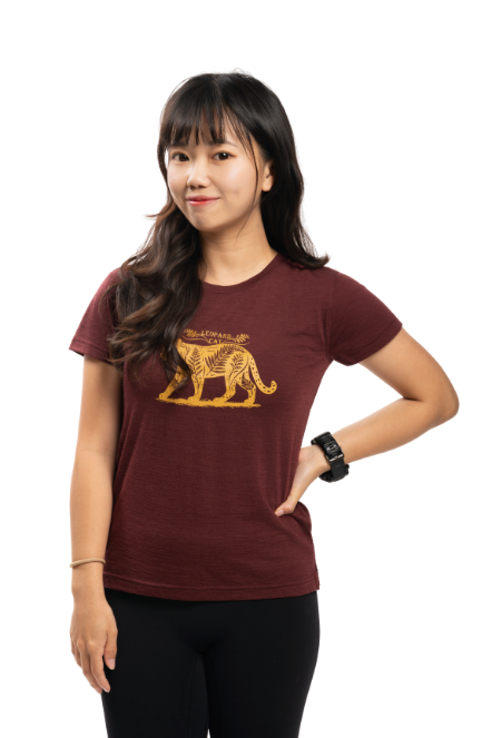 女款 美麗諾羊毛短袖上衣-島嶼生活/山蕨石虎(120g)｜波特紅